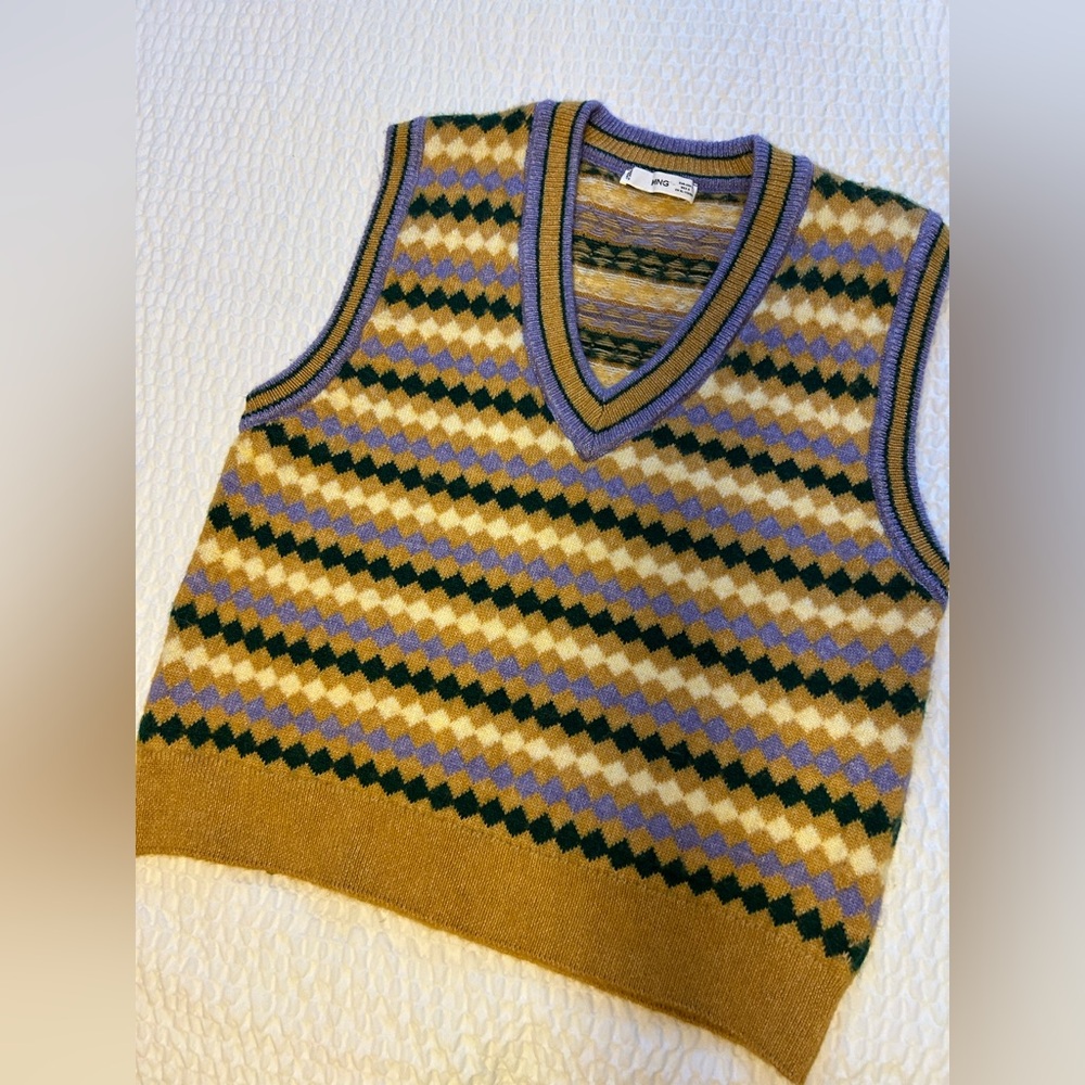 * RARE Mango Women's V-Neck Sweater Vest- color block Yellow and Purple